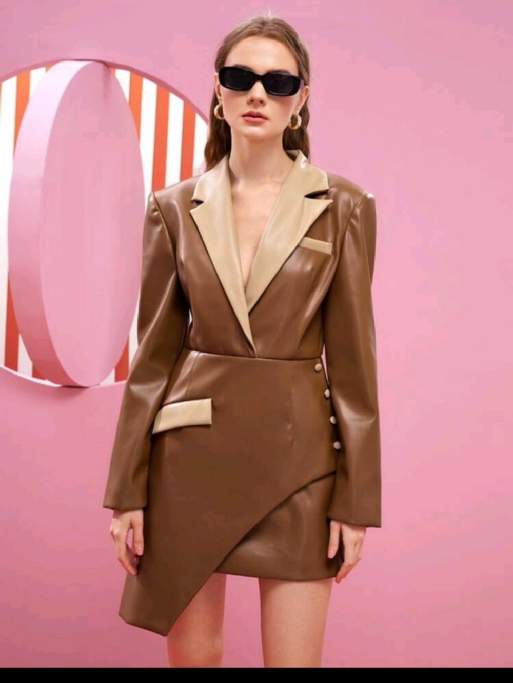Brown Faux-Leather Blazer Dress with Cream Trim